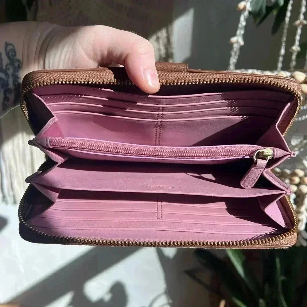 Coach Signature Canvas Zip-Around Accordion Wallet with Belt Buckle Detail